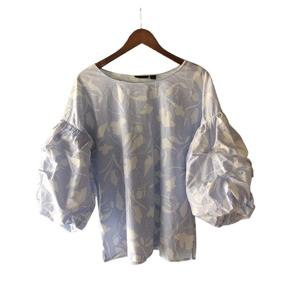 Nordstrom halogen blue white pin strip floral puff sleeve blouse coastal Grandma - Picture 6 of 12